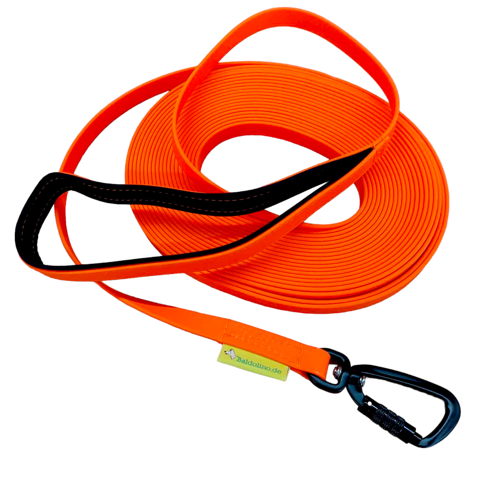 kunststoff-orange-alu-sicherheitskarabiner.jpg Baldolino Kunststoff-Schleppleine orange mit Aluminium-Sicherheitskarabiner und Softshell-Handschlaufe – Stake-Out Hundezubehör