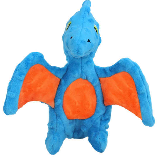 AFP Peter the Mini Pterodactyl Hundespielzeug in Blau mit orangefarbenen Flügeln, weiches Plüschtier in Flugsaurierform, freigestelltes Produktfoto.