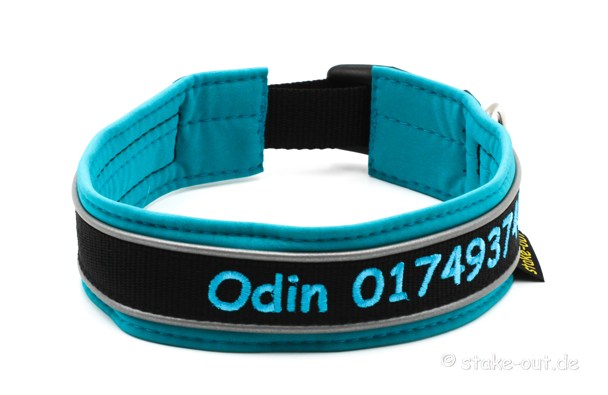 Outdoor Hundehalsband in Türkis/Schwarz mit Softshell-Polsterung, reflektierender Kantenborte & Bestickung