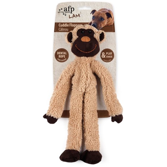 AFP Cuddle Floppers Hundespielzeug in Form eines braunen Affen mit dunklen Pfoten und Gesicht, weiches Plüschtier mit Dental Rope in Originalverpackung.