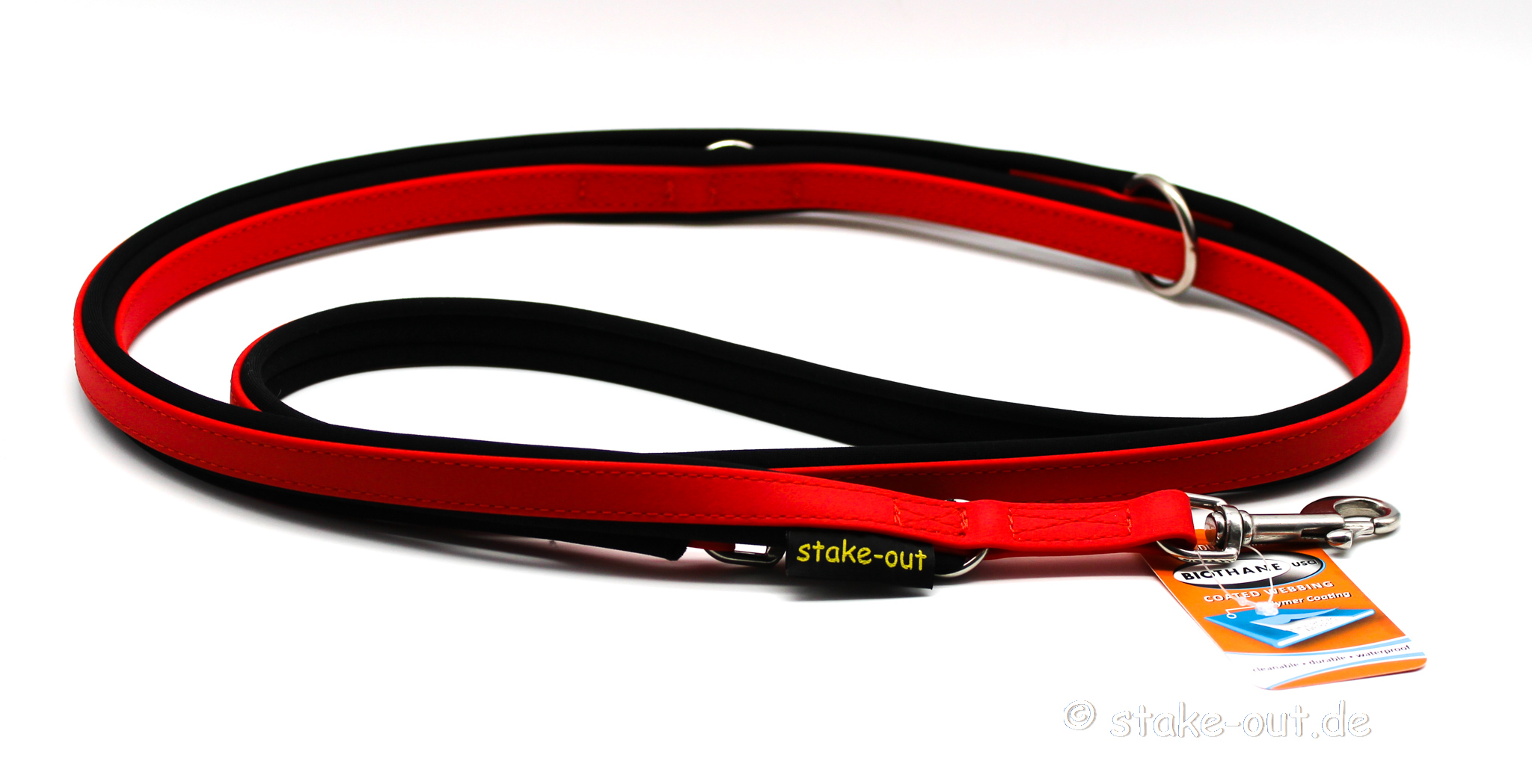 Biothane Führleine 2,50 m mit Softshell-Polsterung, 3-fach verstellbar, Farbe Rot/Schwarz