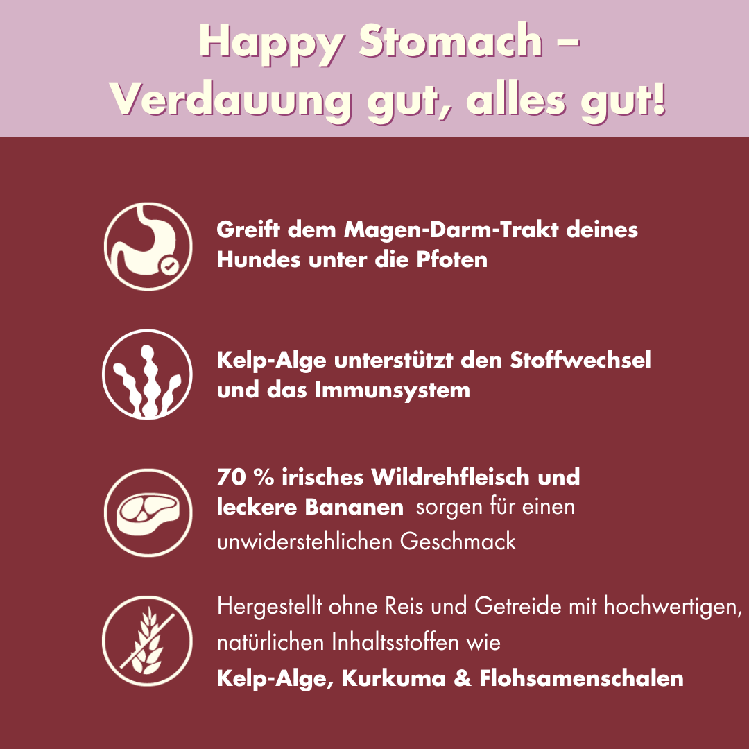 Happy Stomach Funktionsgrafik, Vorteile für Darmflora und Verdauung, Irish Pure Hundesnack