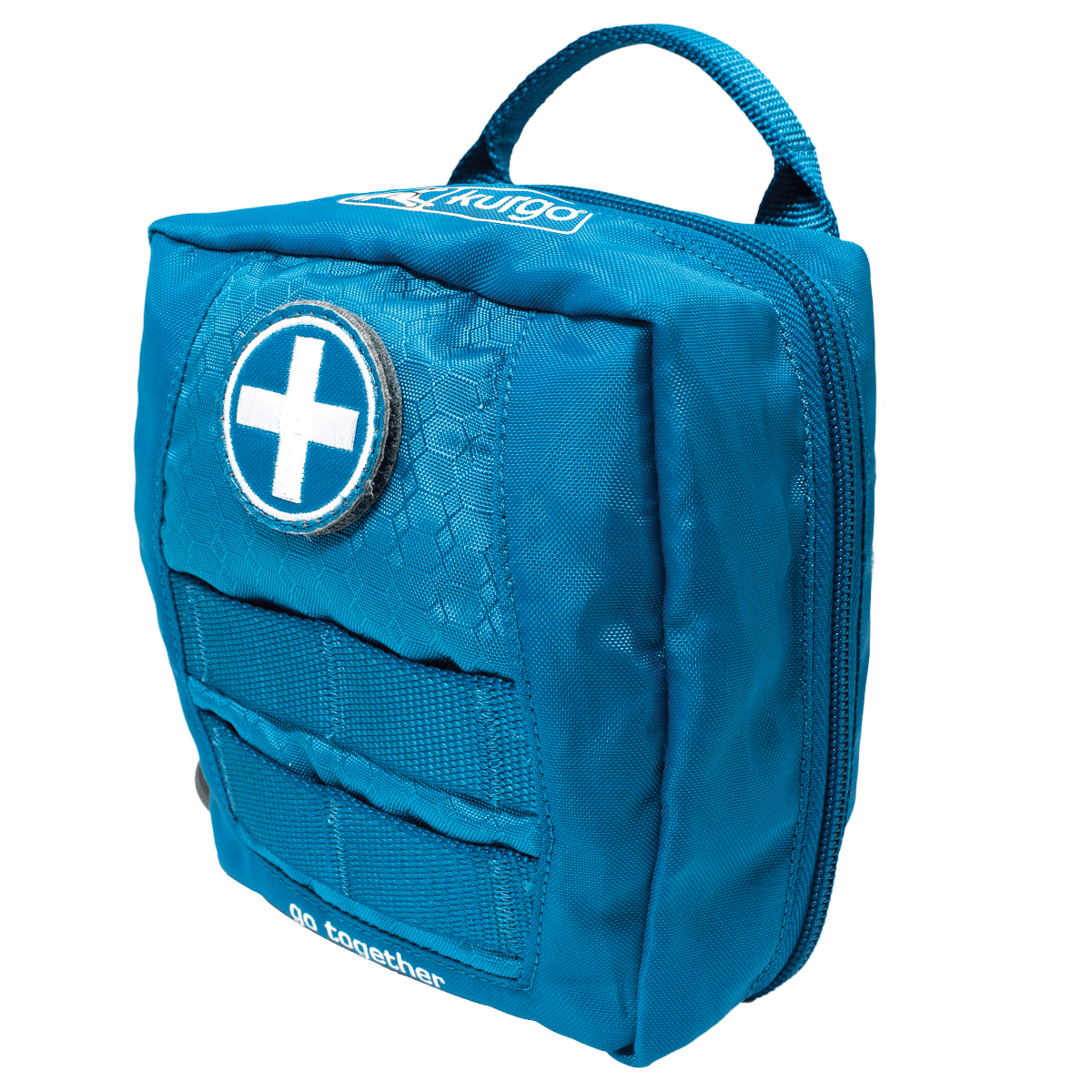 Kurgo First Aid Kit für Hunde in Blau, kompakte Erste-Hilfe-Tasche mit Griff und weißem Kreuzsymbol auf der Vorderseite.
