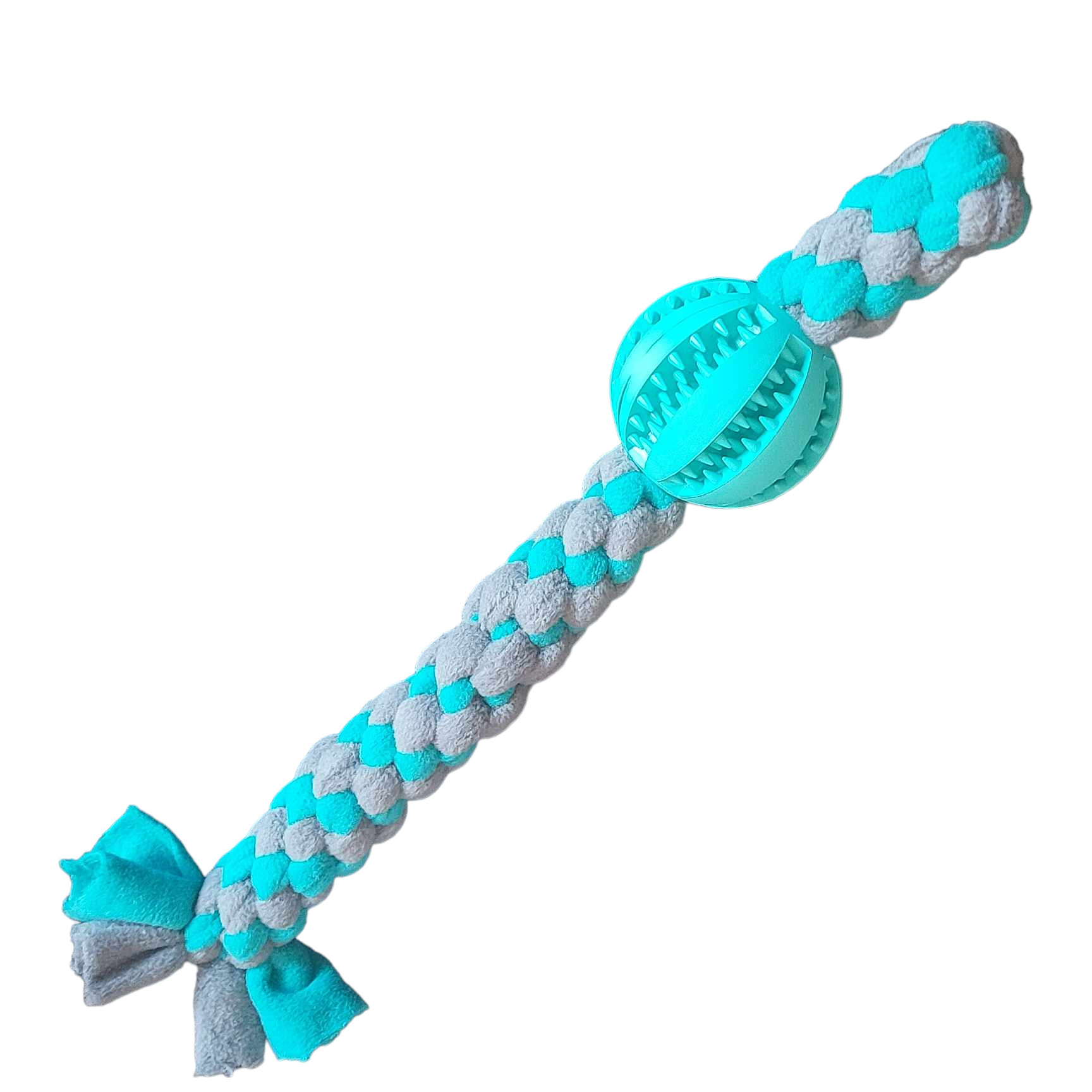 Geflochtenes Fleece-Zerrtau mit türkisfarbenem Zahnpflegeball – sanftes und robustes Hundespielzeug für Zerrspiele