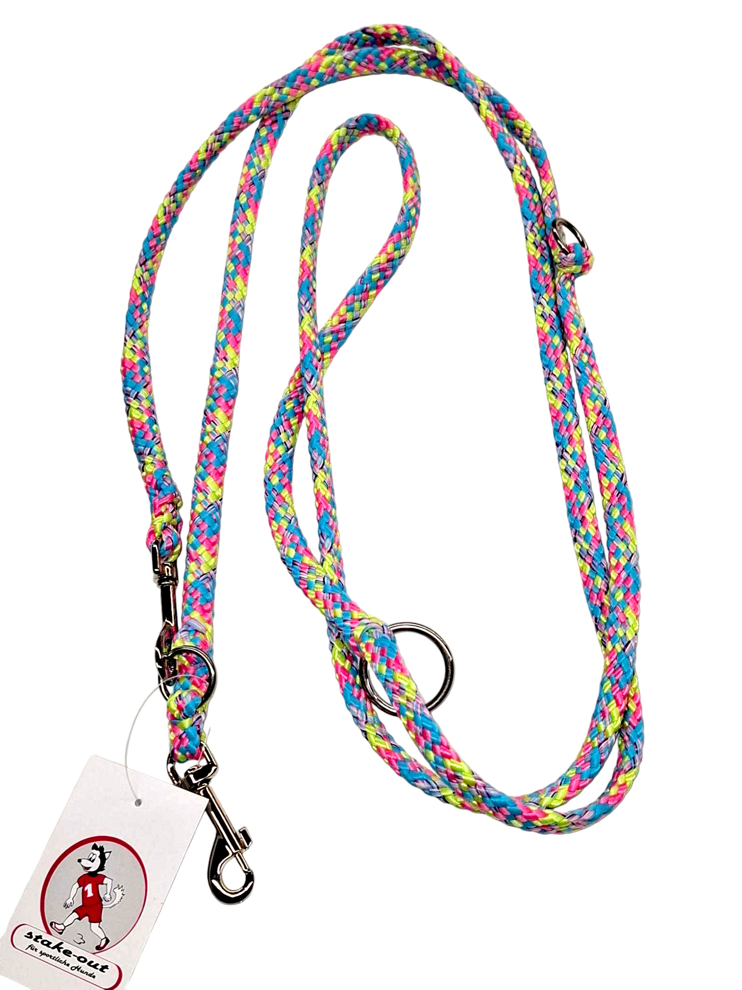 Handgefertigte Stake-Out Seilleine 2,50 m in Bubble-Gum Farben mit Edelstahlringen und Karabiner