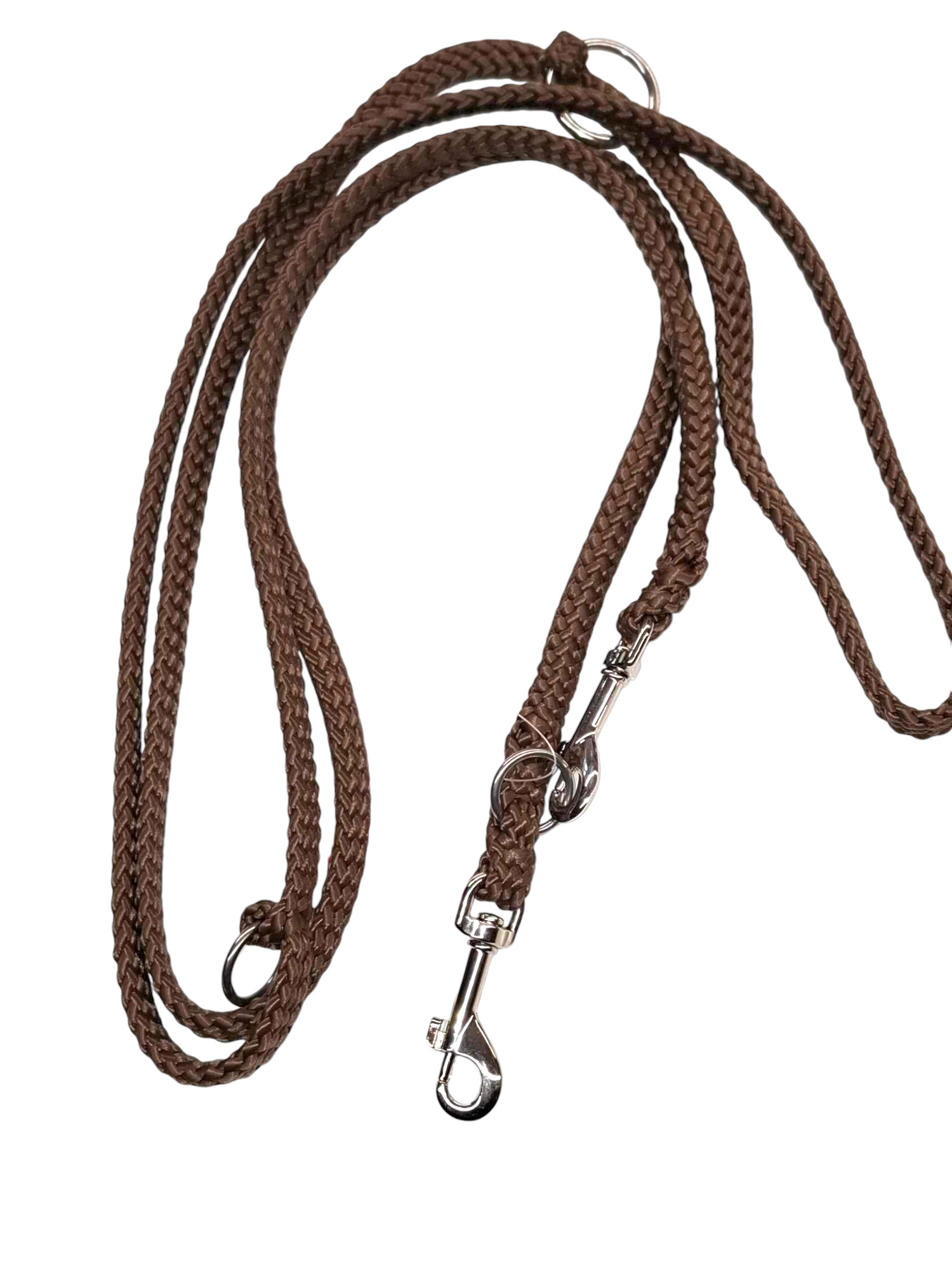 Braune Stake-Out Seilleine 2,50 m aus PP-Hohlseil mit Edelstahlringen und Karabiner, handgespleißt