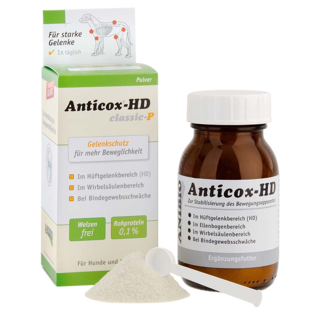 Anibio Anticox-HD classic-P Pulver mit Dose, Messlöffel und Verpackung zur Unterstützung von Gelenken und Bewegungsapparat bei Hunden
