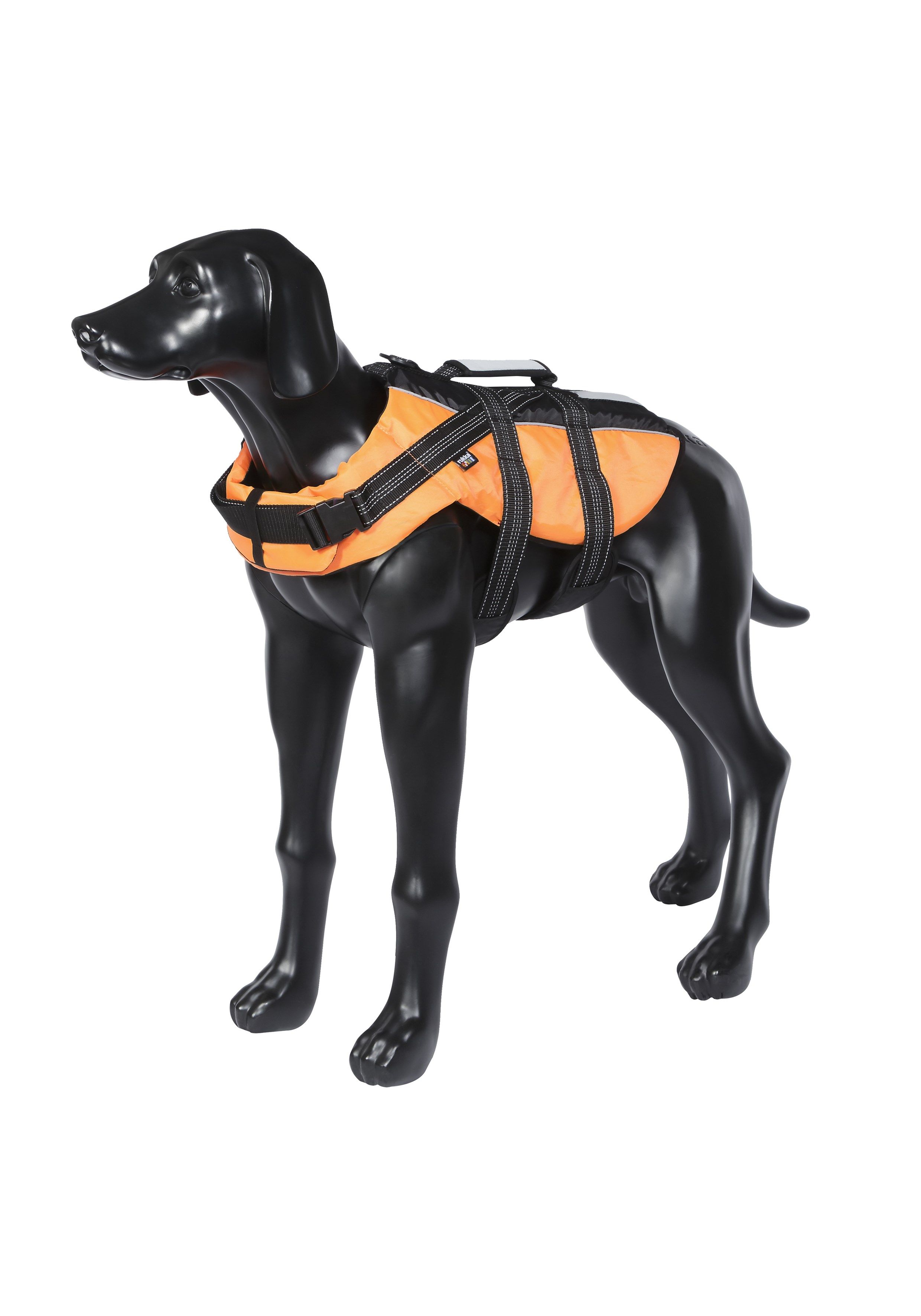Rukka Pets Schwimmweste für Hunde in Orange, getragen von einer schwarzen Hundemodellfigur zur Darstellung der Passform.