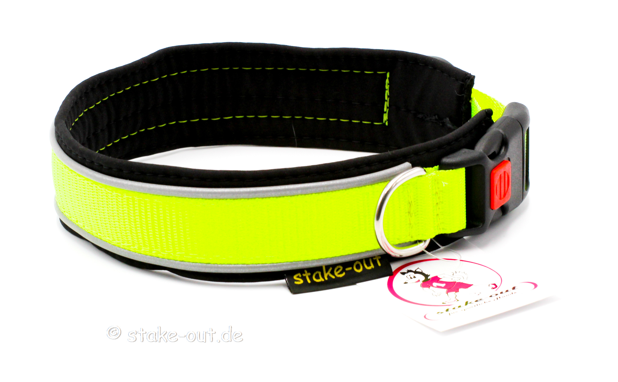 Outdoor Hundehalsband in Neon-Gelb/Schwarz mit Softshell-Polsterung und reflektierender Kantenborte