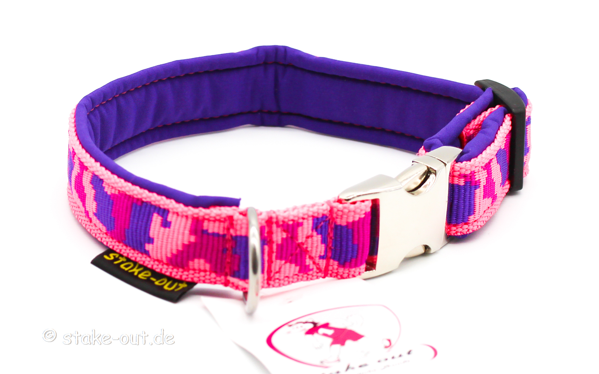 Softshell-Halsband in Lila/Pink mit Muster, Polypropylen-Gurtband und Steckschnalle