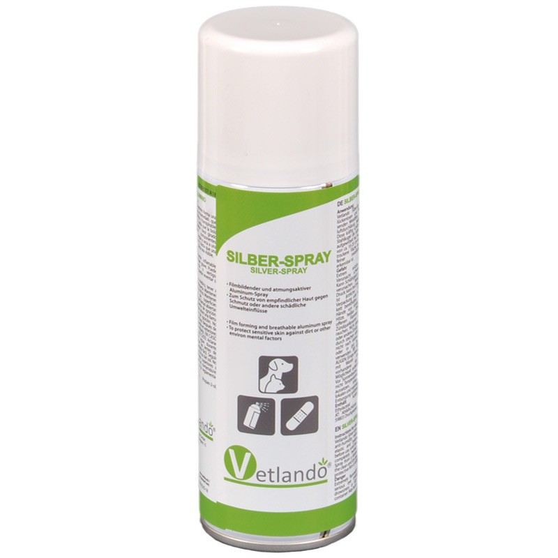 Vetlando Silber-Spray, Produktflasche mit grün-weißer Beschriftung und Dosierkopf zum Schutz empfindlicher Haut vor äußeren Einflüssen.