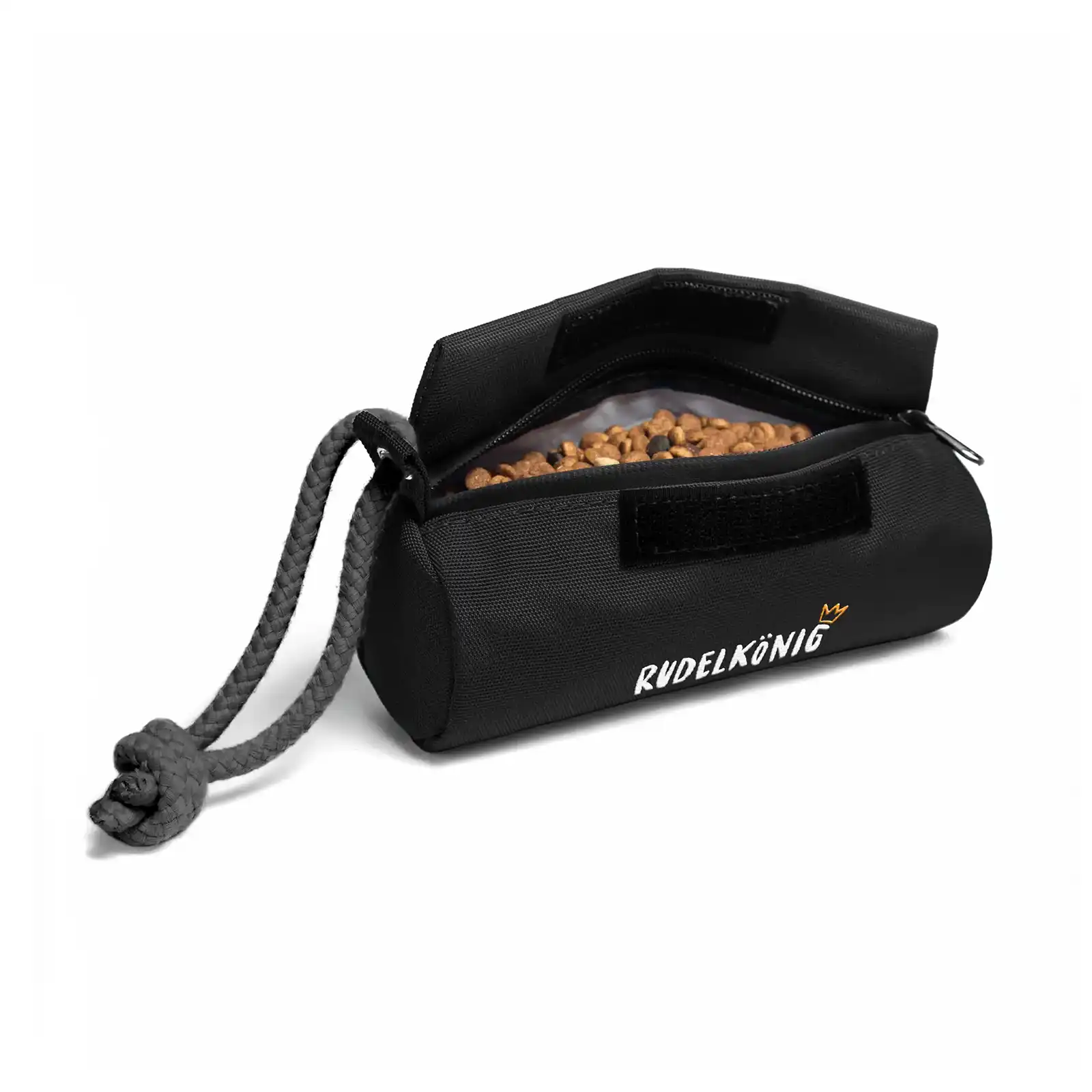 Rudelkönig Leckerlibeutel in Schwarz, geöffnet mit sichtbarem Inhalt und praktischem Kordelverschluss.