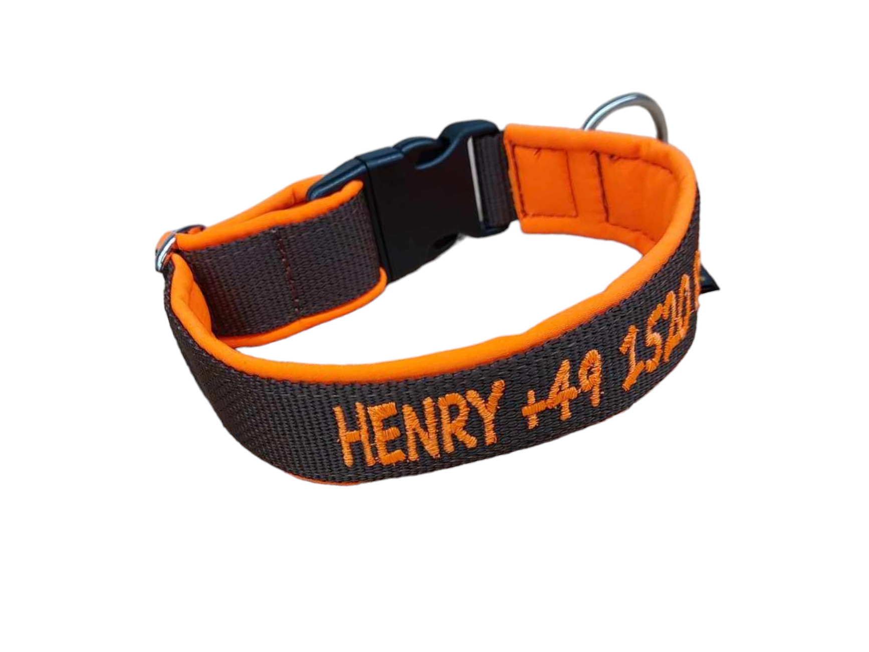 Besticktes Hundehalsband in Orange mit Softshell-Polsterung und Kunststoffsteckschnalle