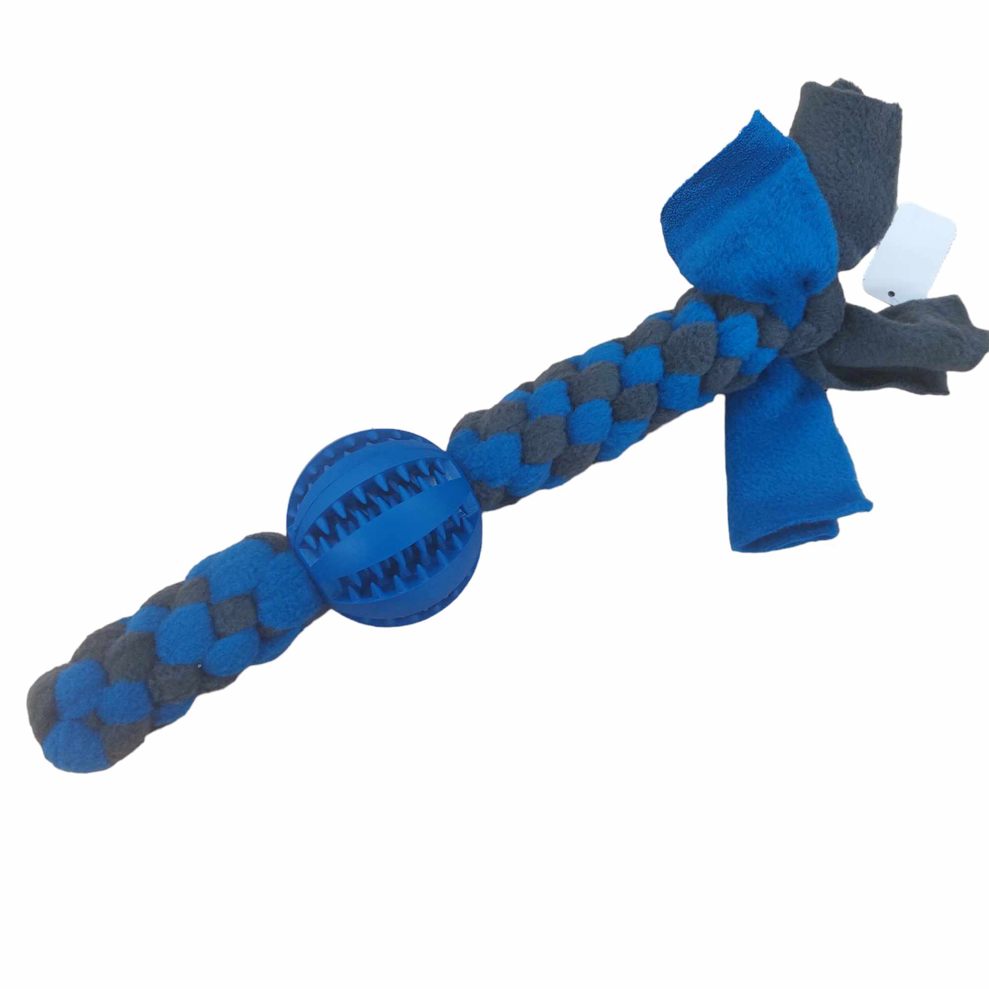 Geflochtenes Fleece-Zerrtau mit blauem Zahnpflegeball – weiches und robustes Hundespielzeug für Zerrspiele und Zahnpflege