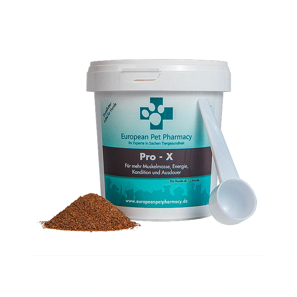European Pet Pharmacy Pro-X Pulver mit Messlöffel und Pulverhäufchen, zur Unterstützung von Muskelaufbau, Energie und Ausdauer bei Hunden