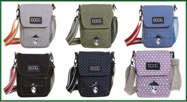 Übersicht der DOOG Walkie Bags in verschiedenen Farben und Designs – praktische Umhängetaschen für Hundespaziergänge