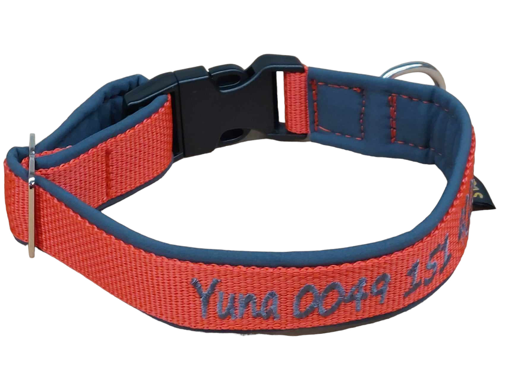 Besticktes Hundehalsband in Rot/Blau mit Softshell-Polsterung und Gürtelschnalle