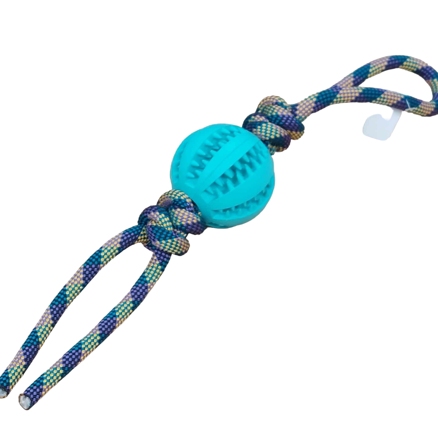 Doppelter Knotentau mit türkisfarbenem Zahnpflegeball – langlebiges Hundespielzeug zur Zahnpflege und fürs Zerrspiel