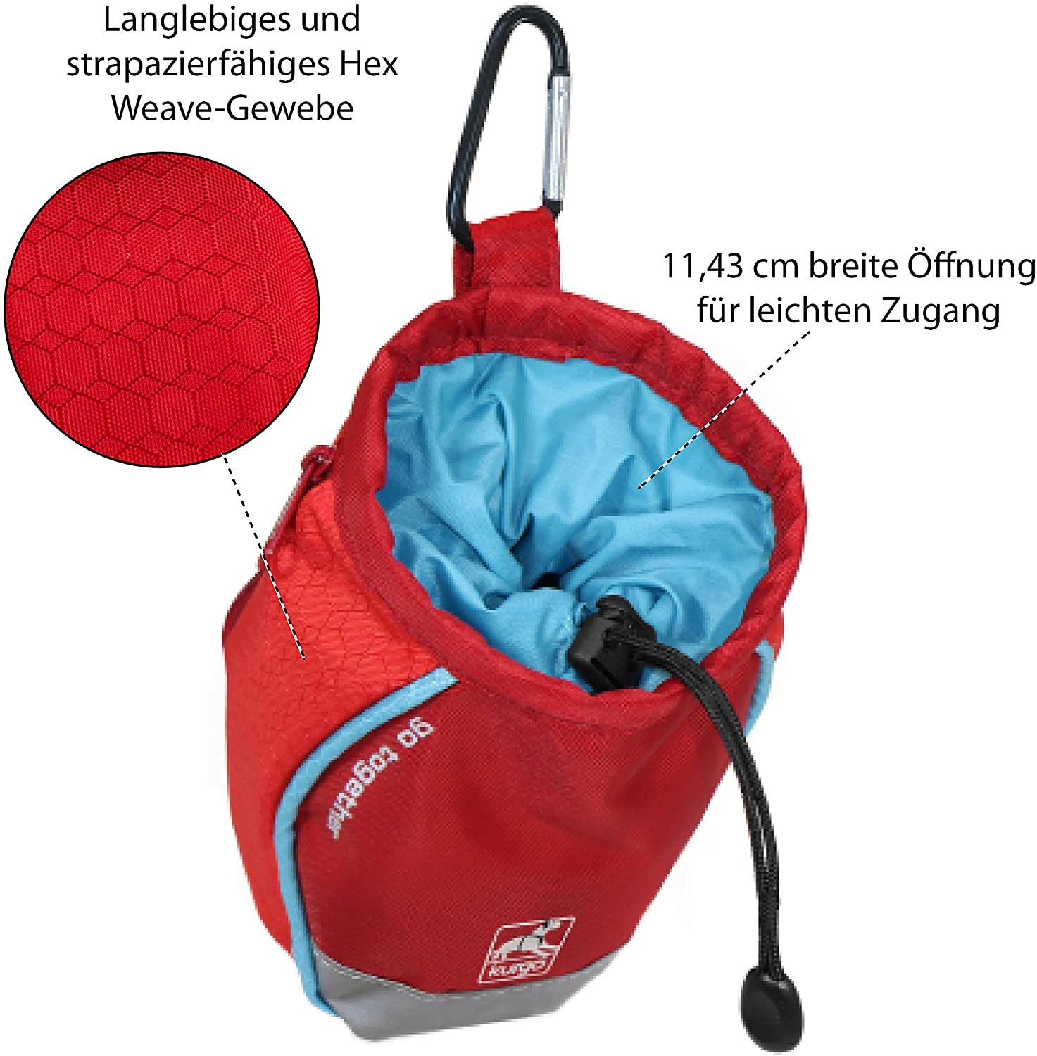 Kurgo Leckerlibeutel Go Stuff It in Rot, offene Tasche mit blauem Innenfutter, Karabiner und Detailansicht des strapazierfähigen Hex-Weave-Gewebes.