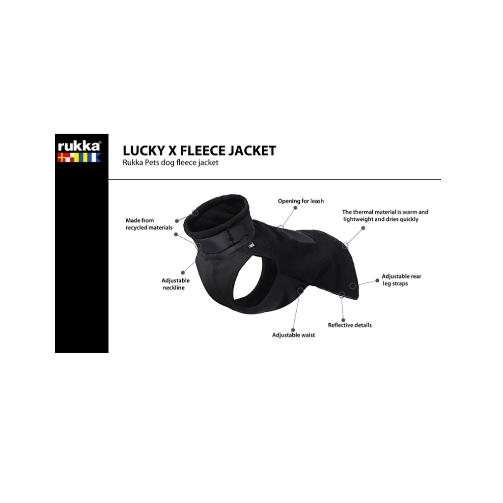 Größentabelle und Passform der Rukka Pets Lucky Fleece Jacket in Schwarz für verschiedene Hunderassen.