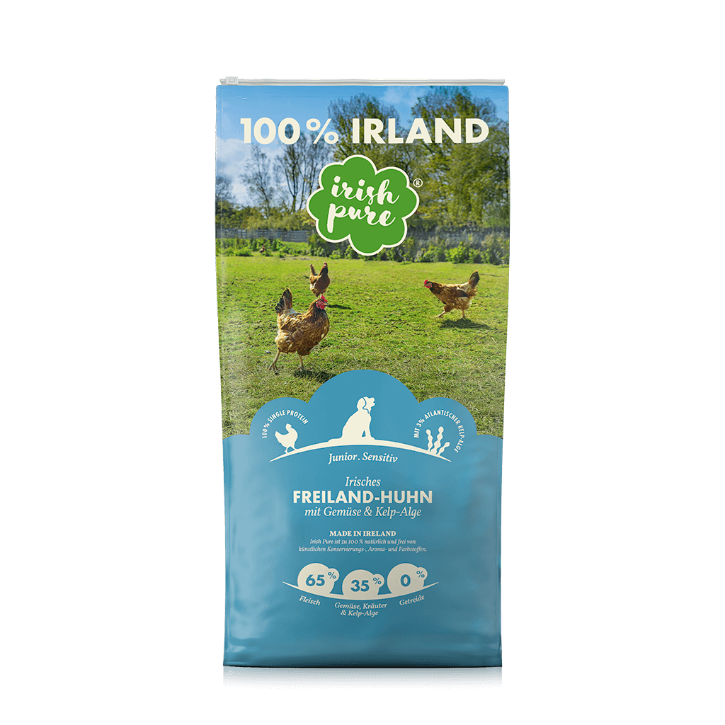 Irish Pure Junior Trockenfutter mit Freiland-Huhn, Gemüse und Kelp-Alge, 1,5 kg Sack, Vorderseite