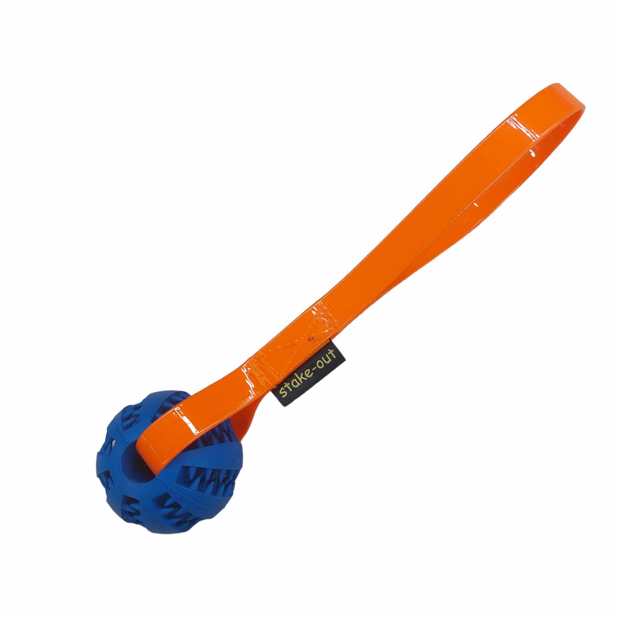 Zahnpflegeball in Blau mit orangefarbener Biothane-Schlaufe – robustes Hundespielzeug zur Zahnreinigung und für gemeinsames Apportiertraining