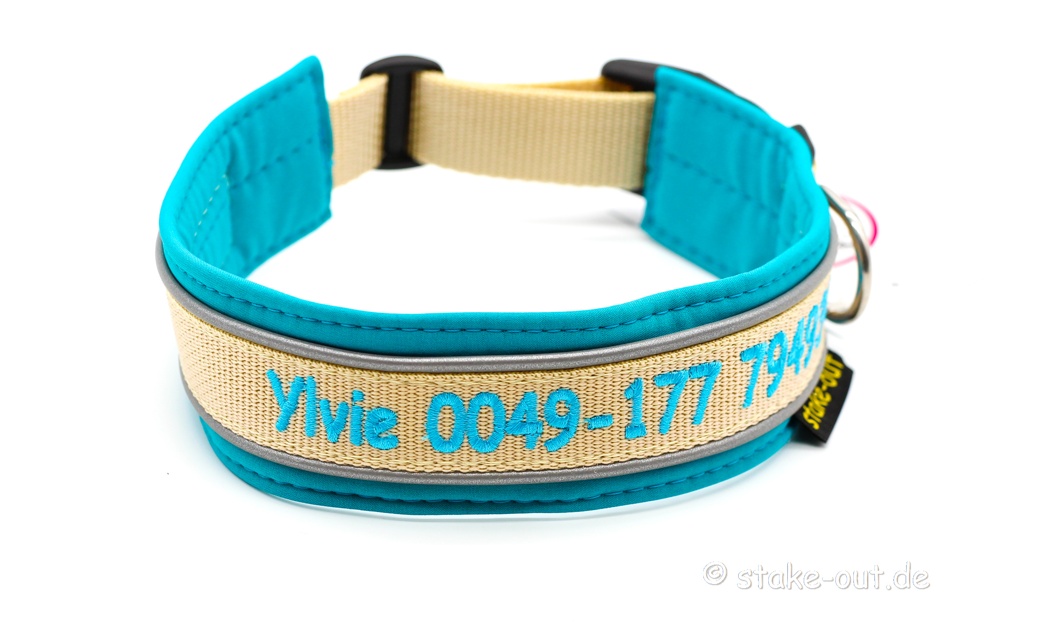 Outdoor Hundehalsband in Türkis/Beige mit Softshell-Polsterung, reflektierender Kantenborte & Bestickung