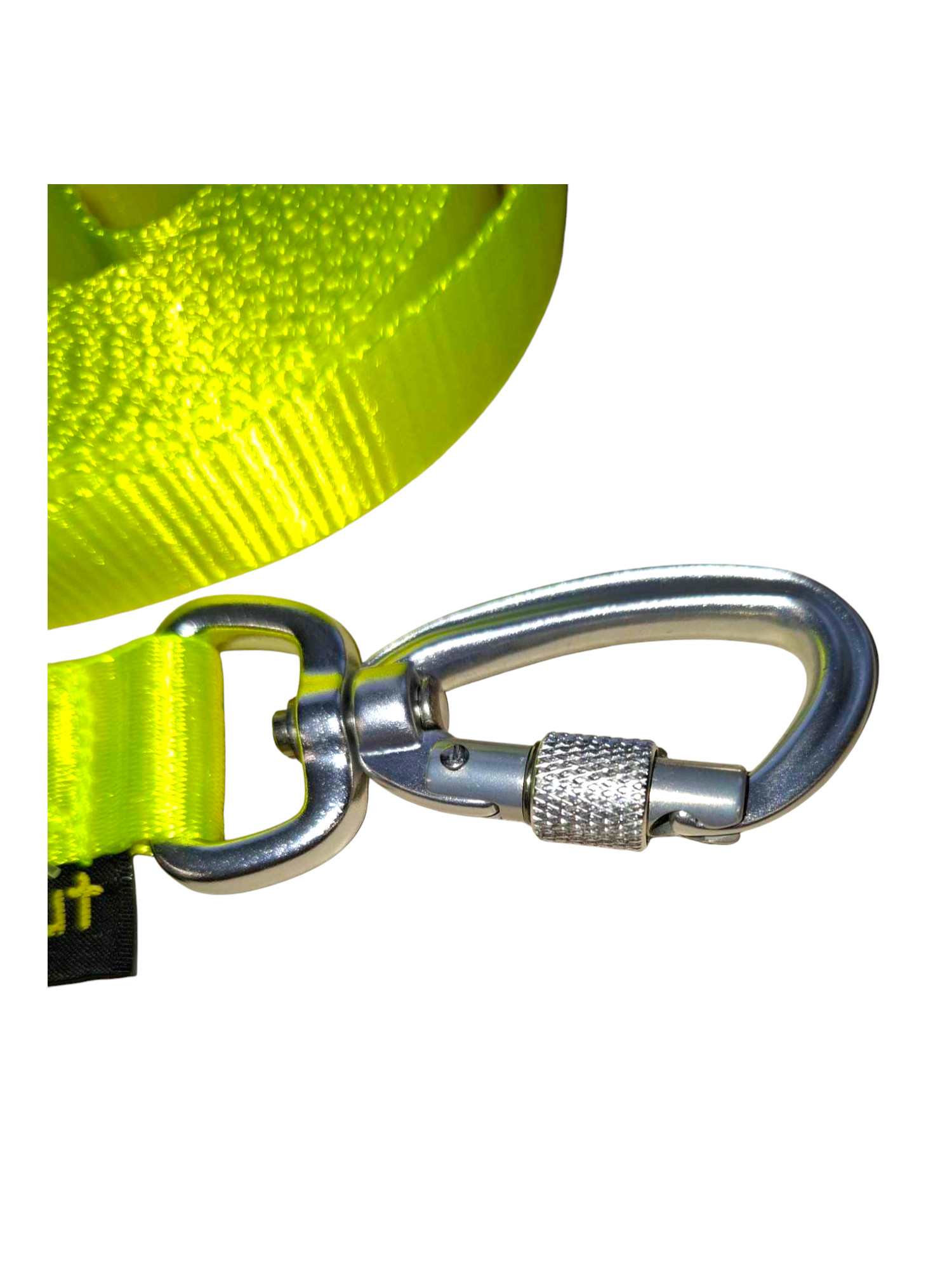 Detailaufnahme: Aluminium-Sicherheitskarabiner mit Schraubverschluss an der Schleppleine 5 m Neongelb – Stake-Out Hundezubehör