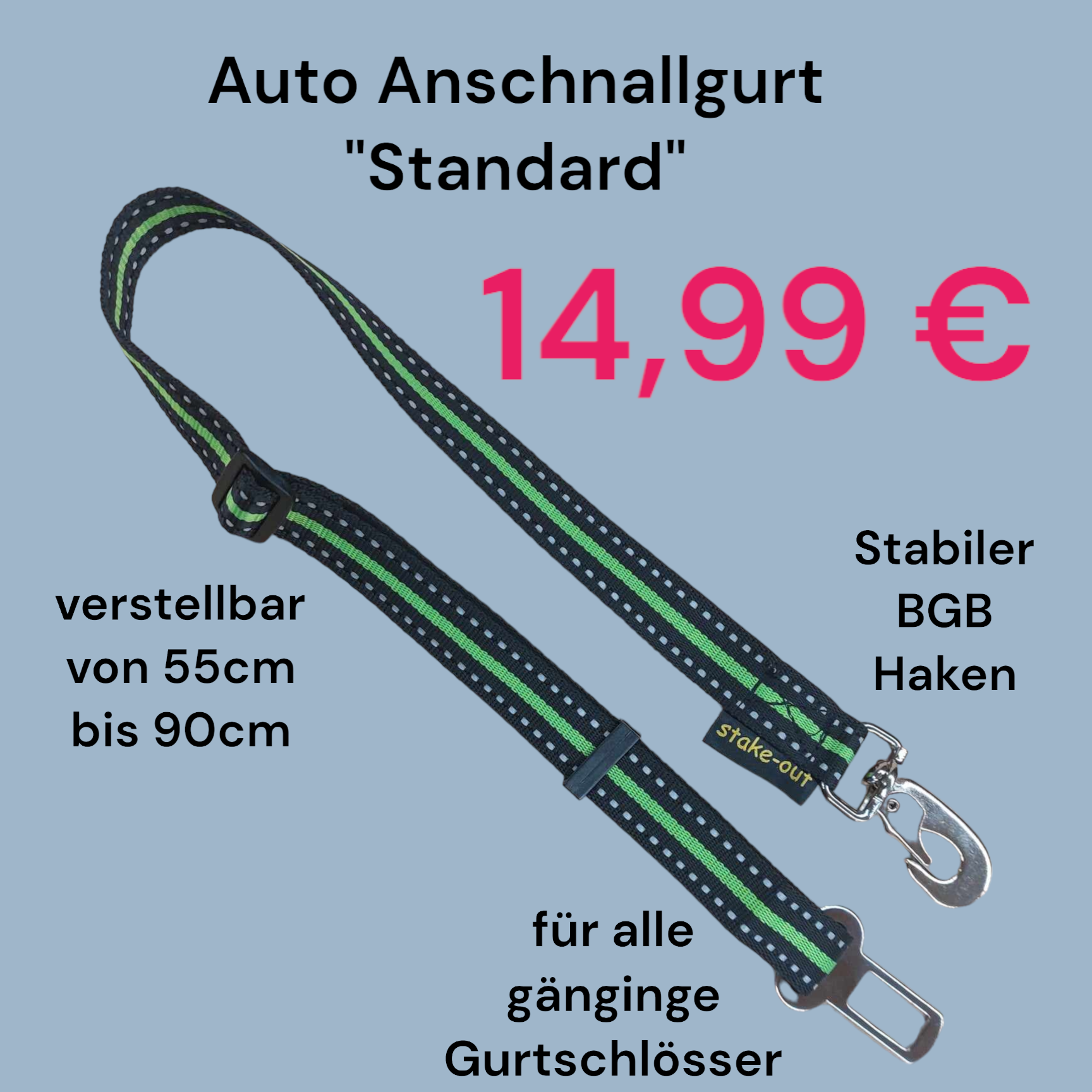 Hunde Anschnallgurt fürs Auto aus schwarzem Reflex-Gurtband