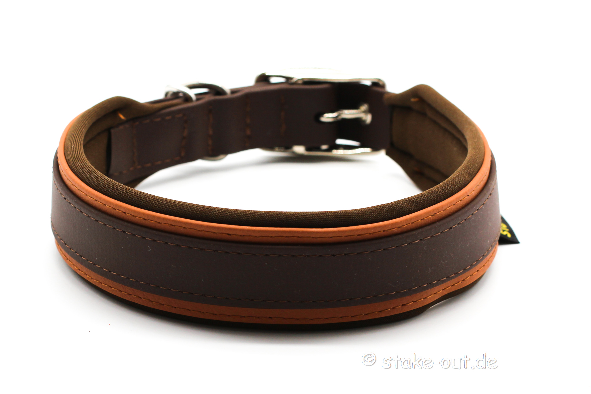 Breites Biothane® Hundehalsband (40 mm) in Braun/Orange mit Softshell-Polsterung und Gürtelschnalle