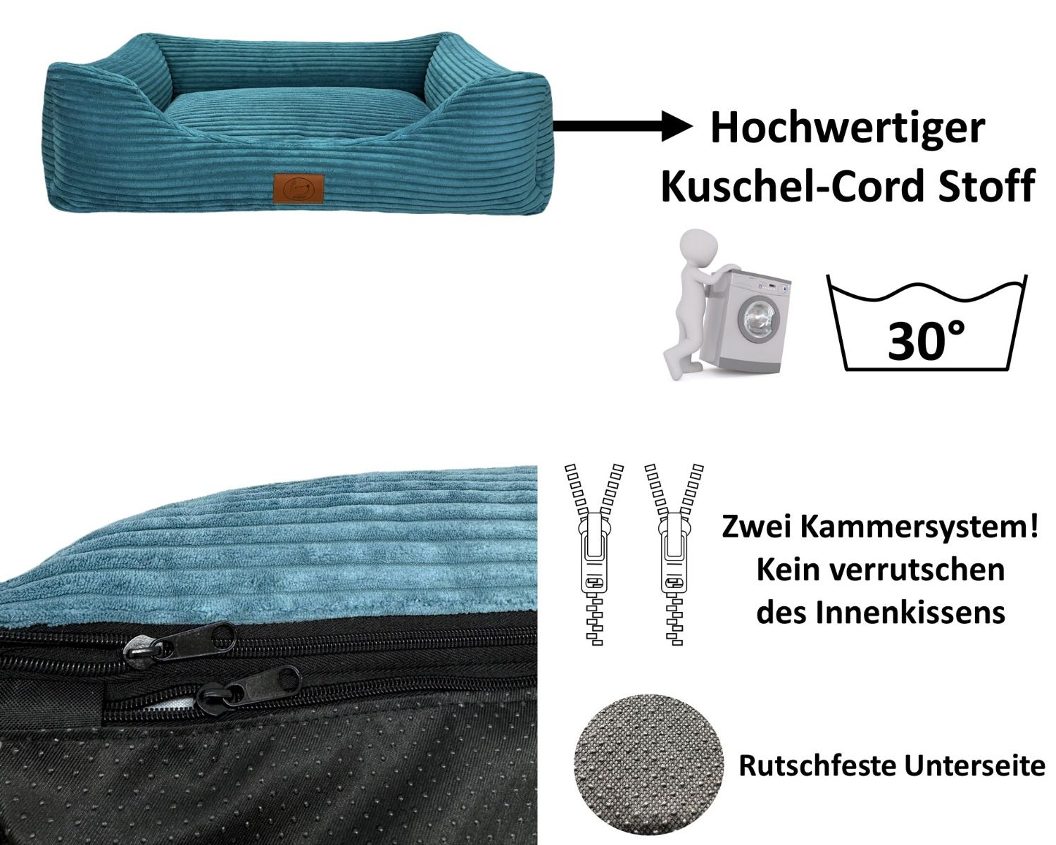 Orthopädisches Hundebett San Marino in Azurblau aus hochwertigem Kuschel-Cordstoff mit Zwei-Kammer-System, rutschfester Unterseite und abnehmbarem Bezug, waschbar bei 30 Grad