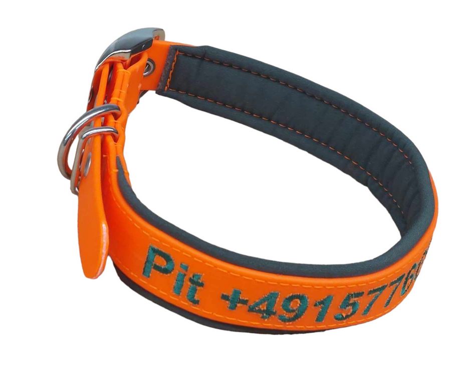 Besticktes Biothane-Halsband in Orange/Schwarz mit Softshell-Polsterung und Gürtelschnalle
