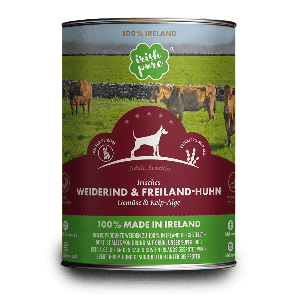 Irish Pure Nassfutter Weiderind und Freiland-Huhn, 390 g Dose, Vorderseite