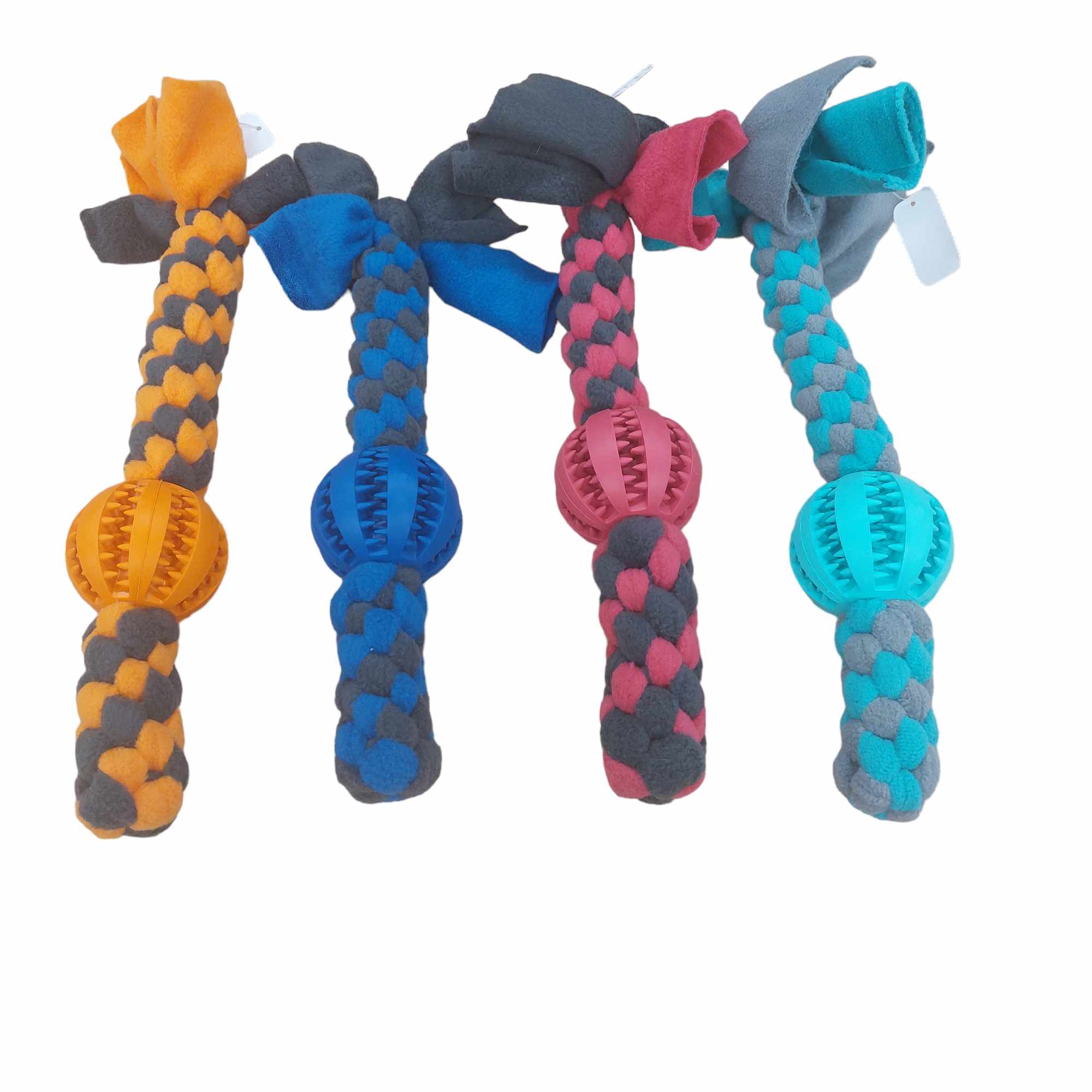 Geflochtenes Fleece-Zerrtau mit Zahnpflegeball in verschiedenen Farben – weiches und dennoch robustes Hundespielzeug