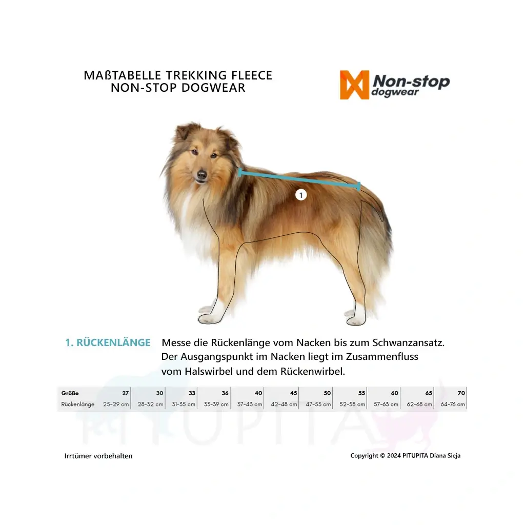 Größentabelle der Nonstop Trekking Fleece Jacke mit Passformhinweisen für verschiedene Hunderassen.