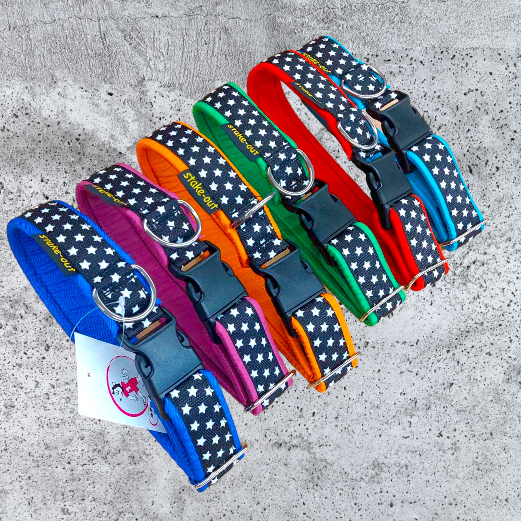 Hundehalsband aus 30 mm Gurtband mit Sternchen-Motiv, Polsterung in mehreren Farben und Edelstahl-Ring