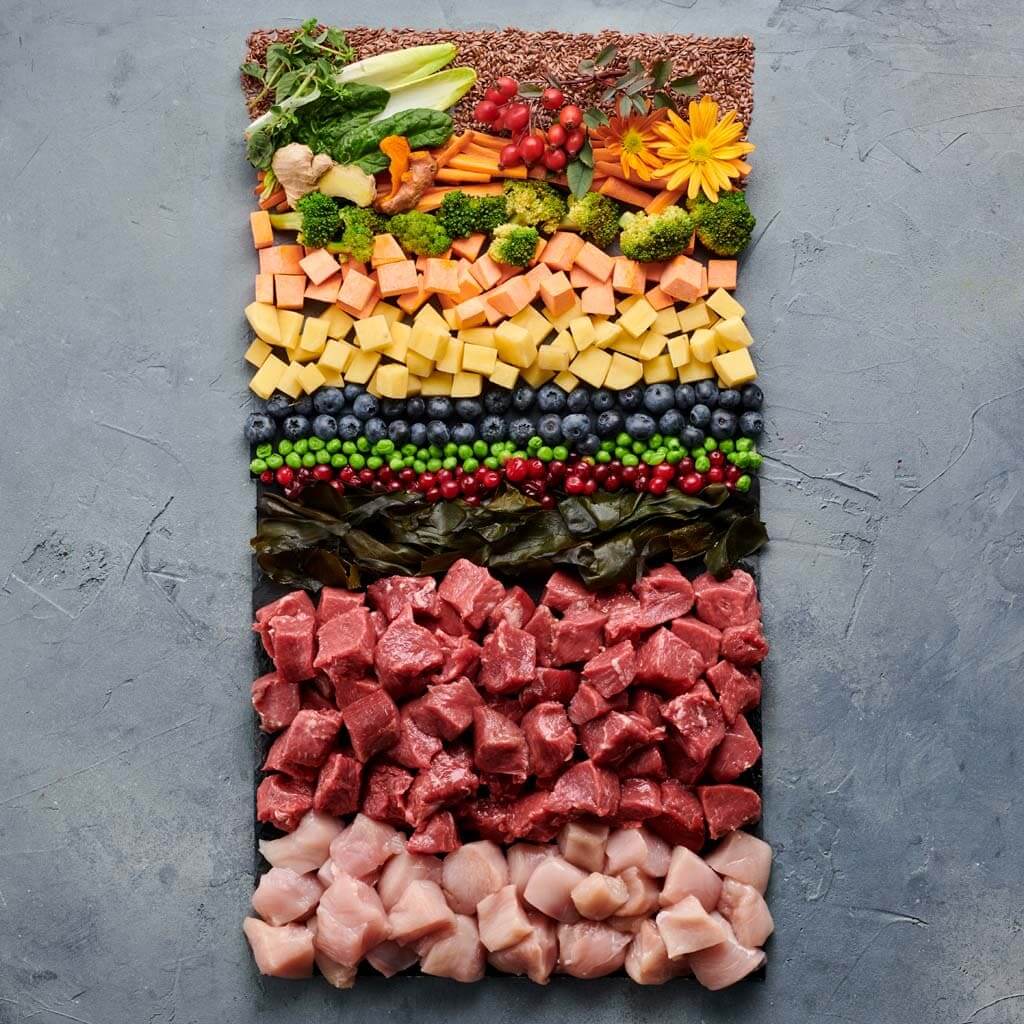 Zutatenmix für Irish Pure Adult Hundefutter: Weidelamm, Freiland-Huhn, Gemüse und Kelp-Alge