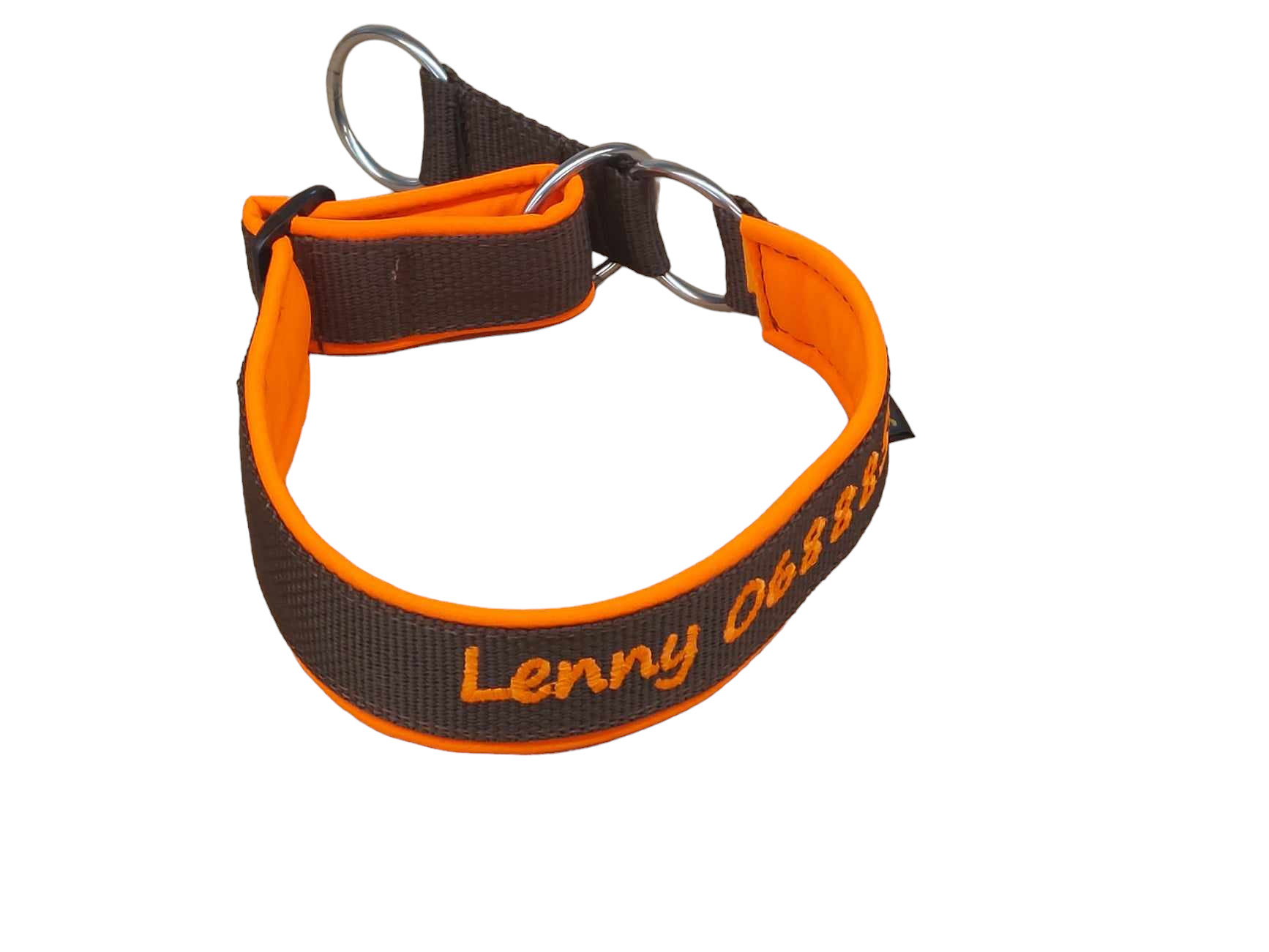 Besticktes Zugstopp-Halsband in Schwarz/Orange mit Softshell-Polsterung