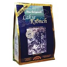 Verpackung des Lakse Kronch Original Hundefutters mit Lachs, getreidefrei und reich an Omega-3-Fettsäuren