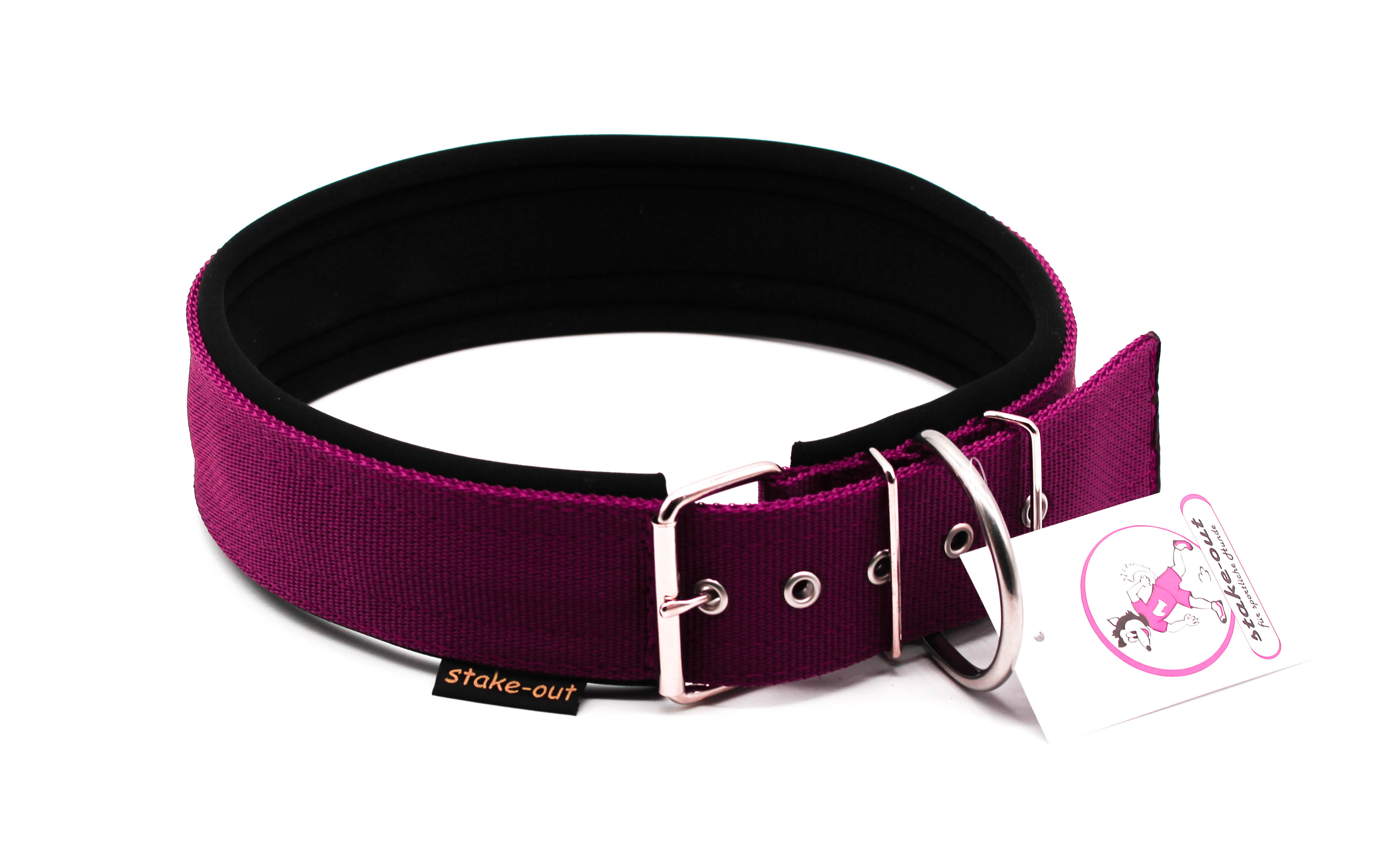 50 mm Hundehalsband für große Hunde in Pflaume/Schwarz mit Softshell-Polsterung und Edelstahlbeschlägen