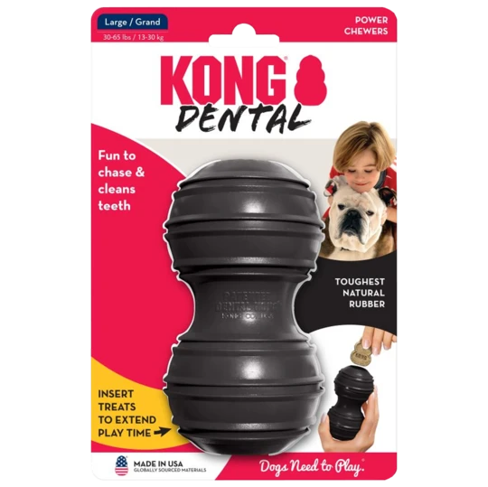 KONG Dental Large in Schwarz, Originalverpackung mit Produktabbildung und Beispiel für Hundebeschäftigung.