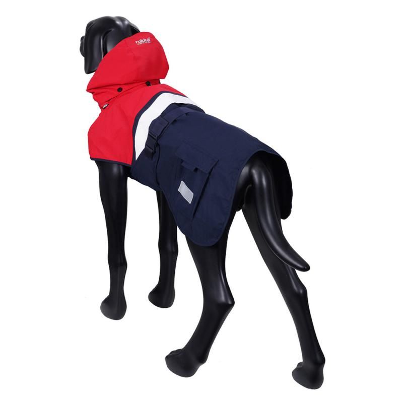 Rückansicht des Rukka Pets Regenmantels Wavy in Rot und Navy, idealer Wetterschutz mit reflektierenden Nähten.