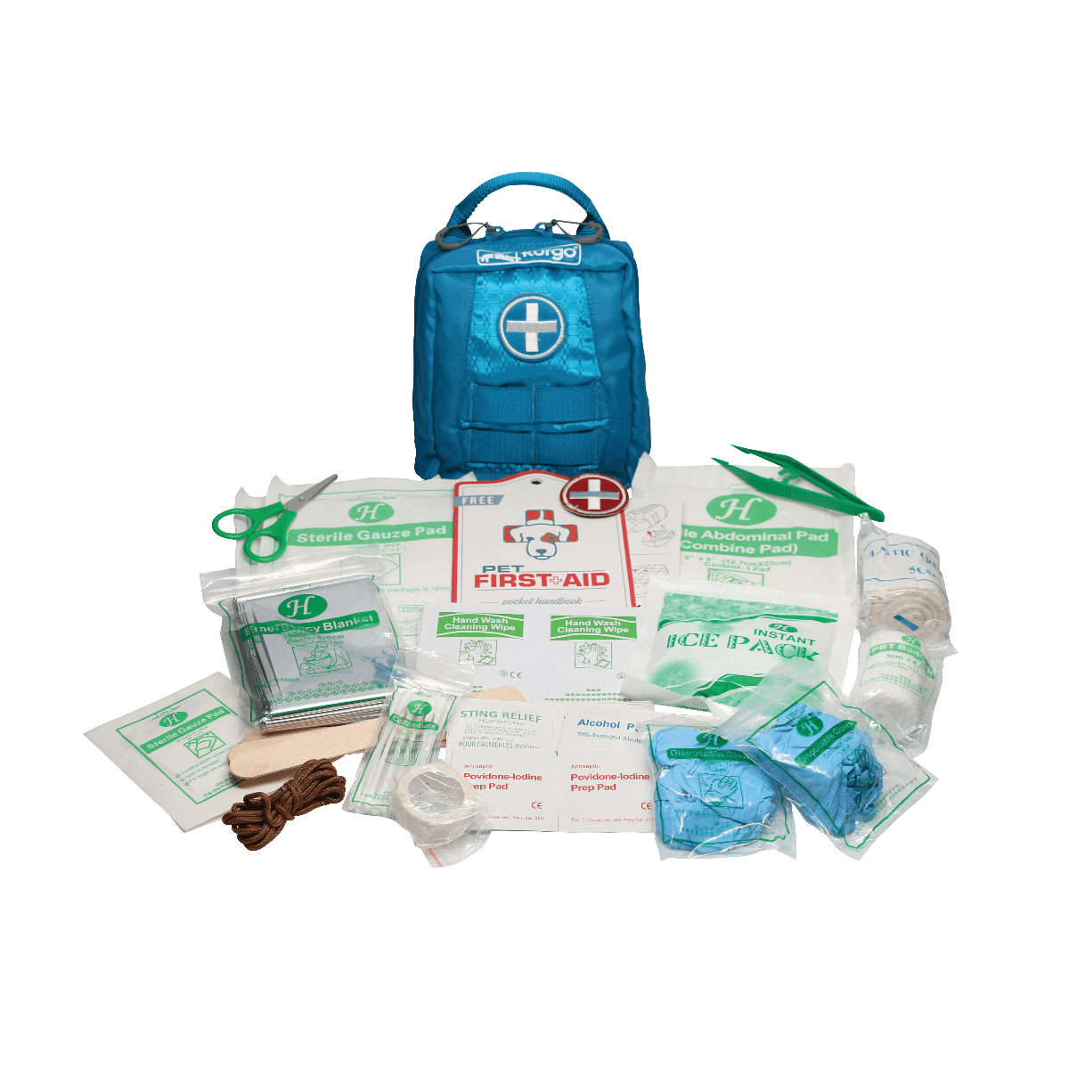 Kurgo First Aid Kit für Hunde in Blau, geöffnet mit vollständig sichtbarem Erste-Hilfe-Inhalt inklusive Schere, Pinzette, Verbandsmaterial und Pflastern.
