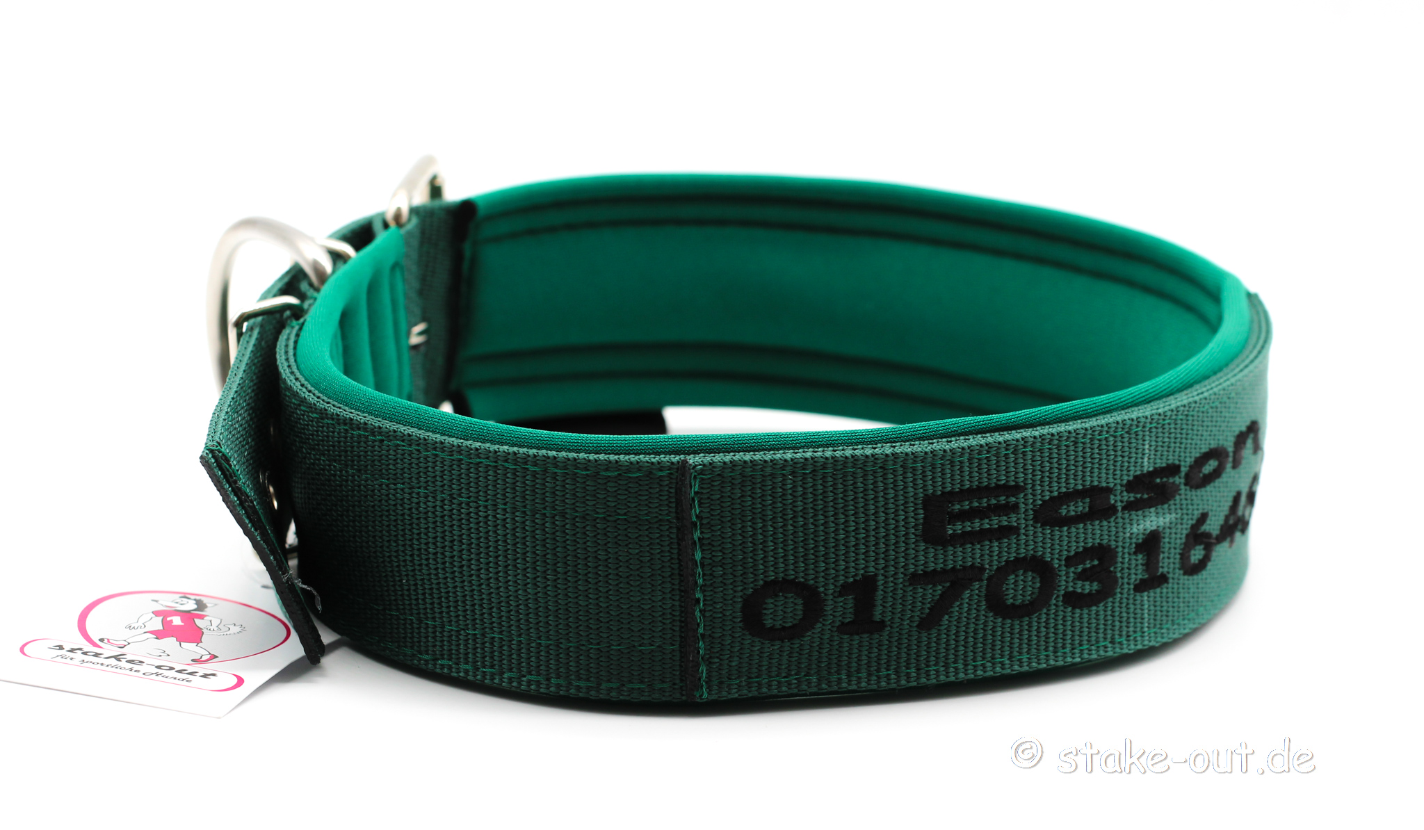 Besticktes 50 mm Hundehalsband für große Hunde in Dunkelgrün/Schwarz, doppellagiges Gurtband & Softshell-Polsterung