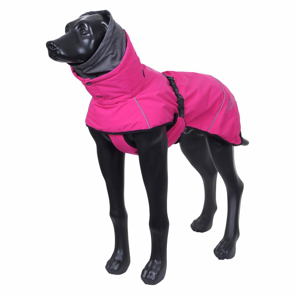 Hund trägt den Rukka Pets Hundewintermantel Warmup in Pink, wärmender und wasserabweisender Wintermantel mit hohem Kragen.