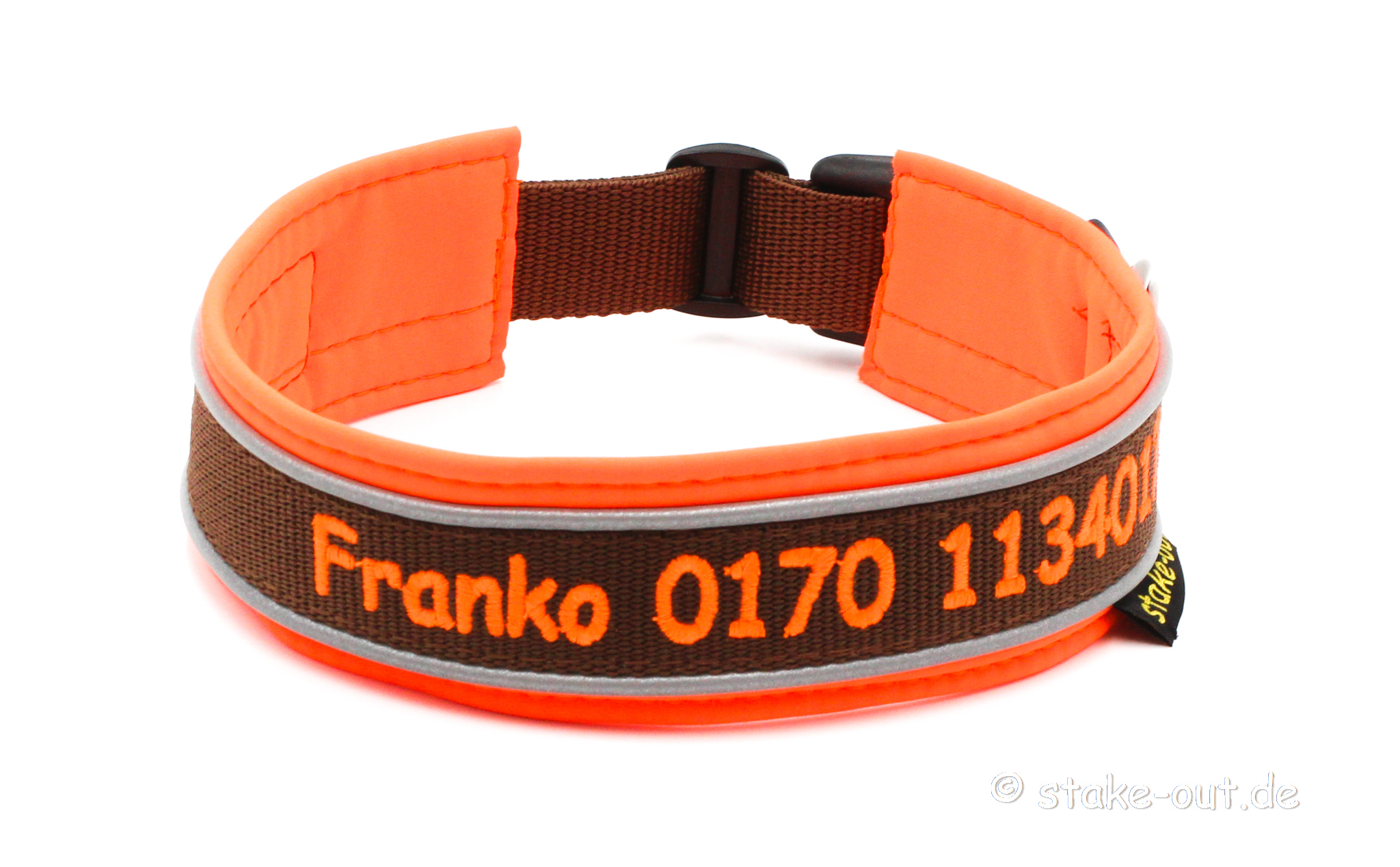 Outdoor Hundehalsband in Orange/Schwarz mit Softshell-Polsterung, reflektierender Kantenborte & Bestickung