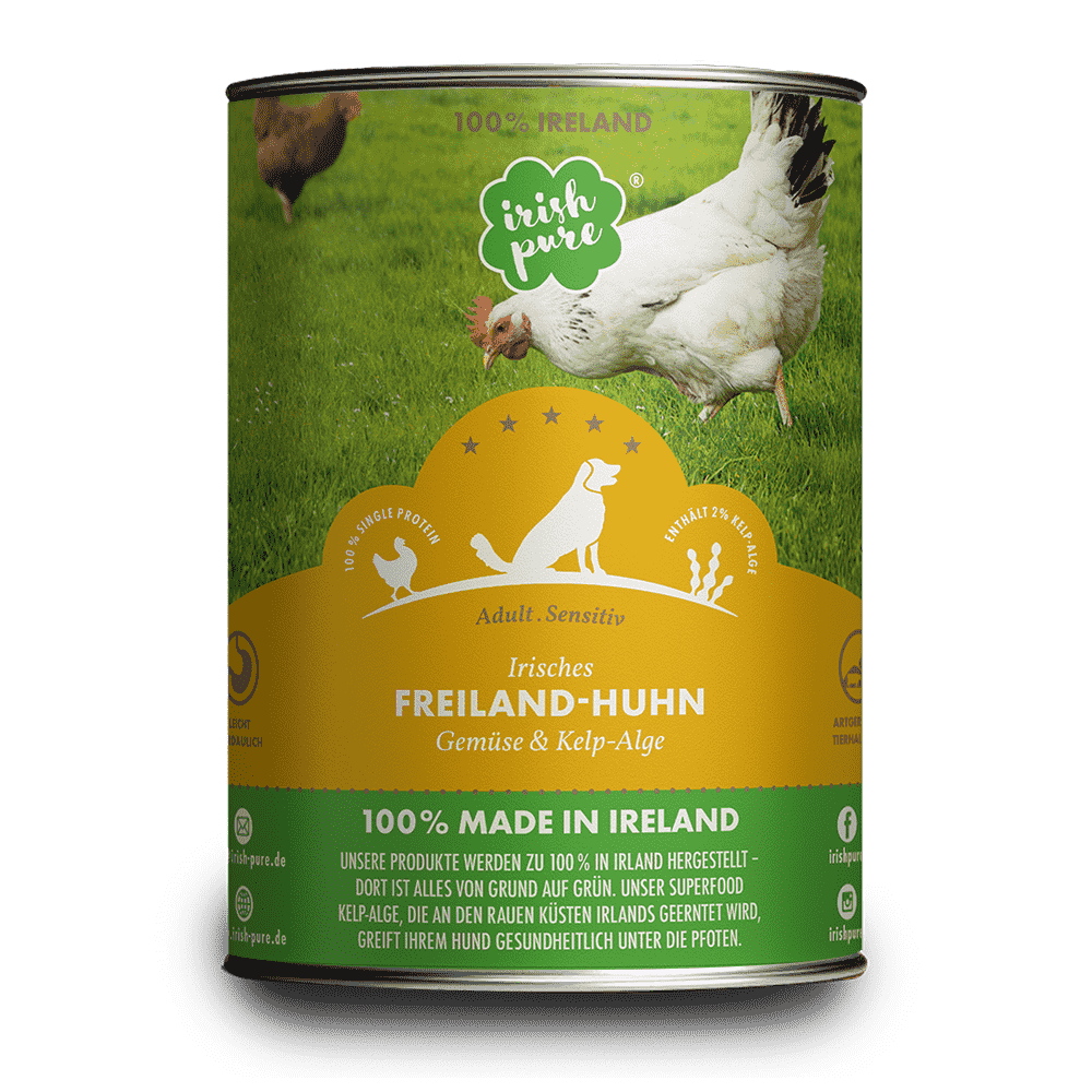 Irish Pure Nassfutter Freiland-Huhn mit Gemüse und Kelp-Alge, 390 g Dose, Vorderseite