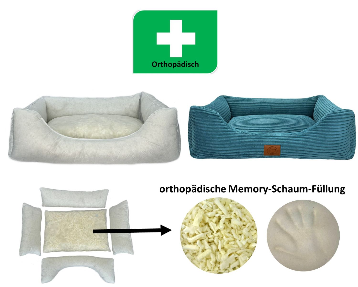 Orthopädisches Hundebett San Marino in Azurblau mit herausnehmbaren Polstern und hochwertiger Memory-Schaum-Füllung für optimale Druckentlastung