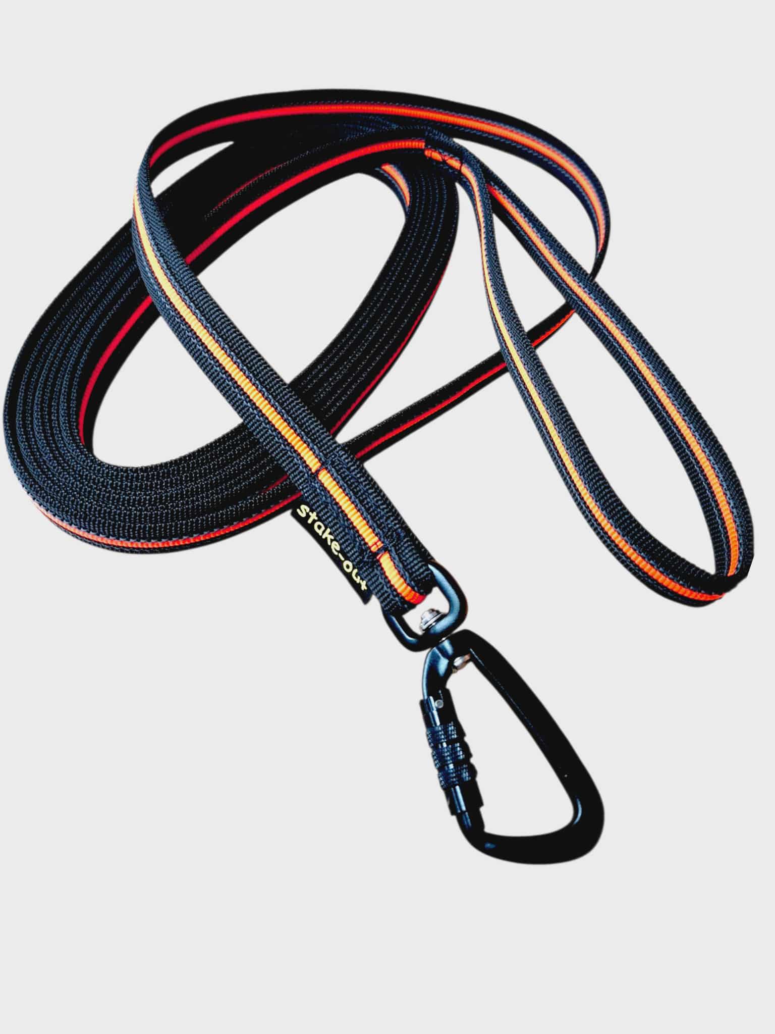 Stake-Out Super-Grip Schleppleine 20 mm gummiertes Gurtband Schwarz mit neonorange Streifen