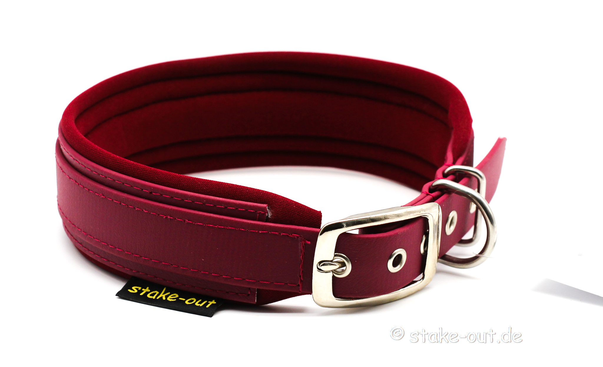 Breites Biothane® Hundehalsband (40 mm) in Weinrot mit Softshell-Polsterung und Gürtelschnalle